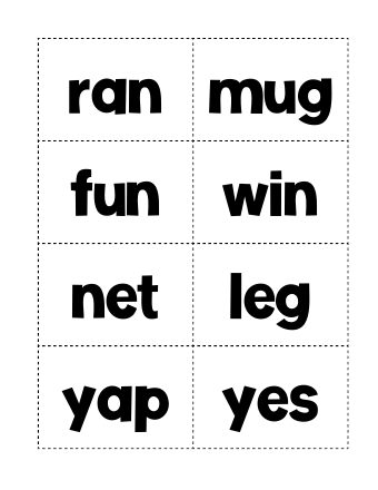Word cards page with ran, mug, fun, win and more